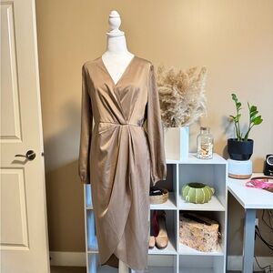 Elegant Beige Wrap-Style Midi Dress